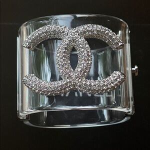 New! CHANEL Clear Lucite Cuff with Silver Crystal CC Logo
